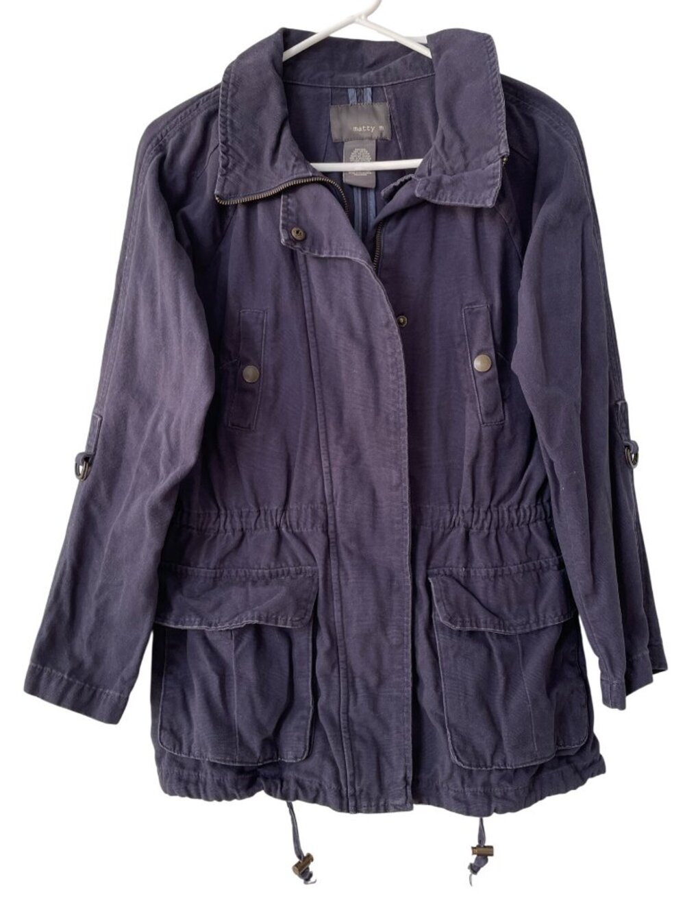 Matty M Utility Anorak Jacket Small Zip Snap Front Drawstring Navy Blue Gorpcore